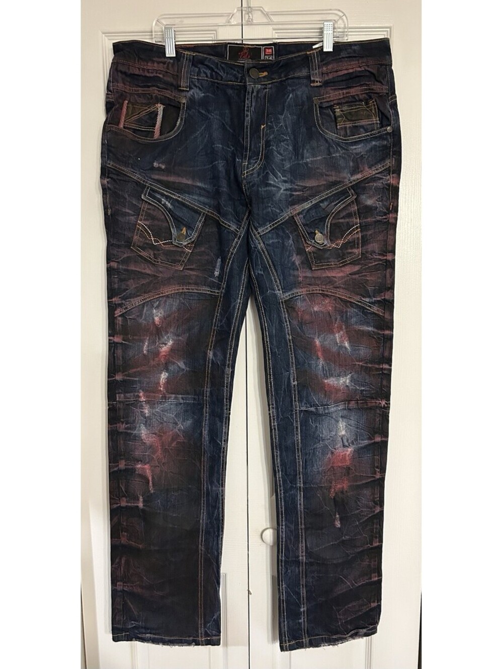 Elite Premium Denim Jeans 38x34 Distressed Dark Wash Hand Paint Cargo Pockets